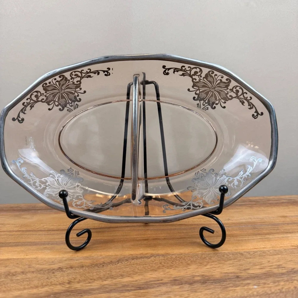 Pink Depression Divided Relish Dish Sterling Silver Overlay Floral 8.75in